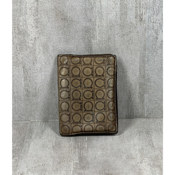 Salvatore Ferragamo Wallet Mens Brown Leather Bifold Logo Card Holder Italy